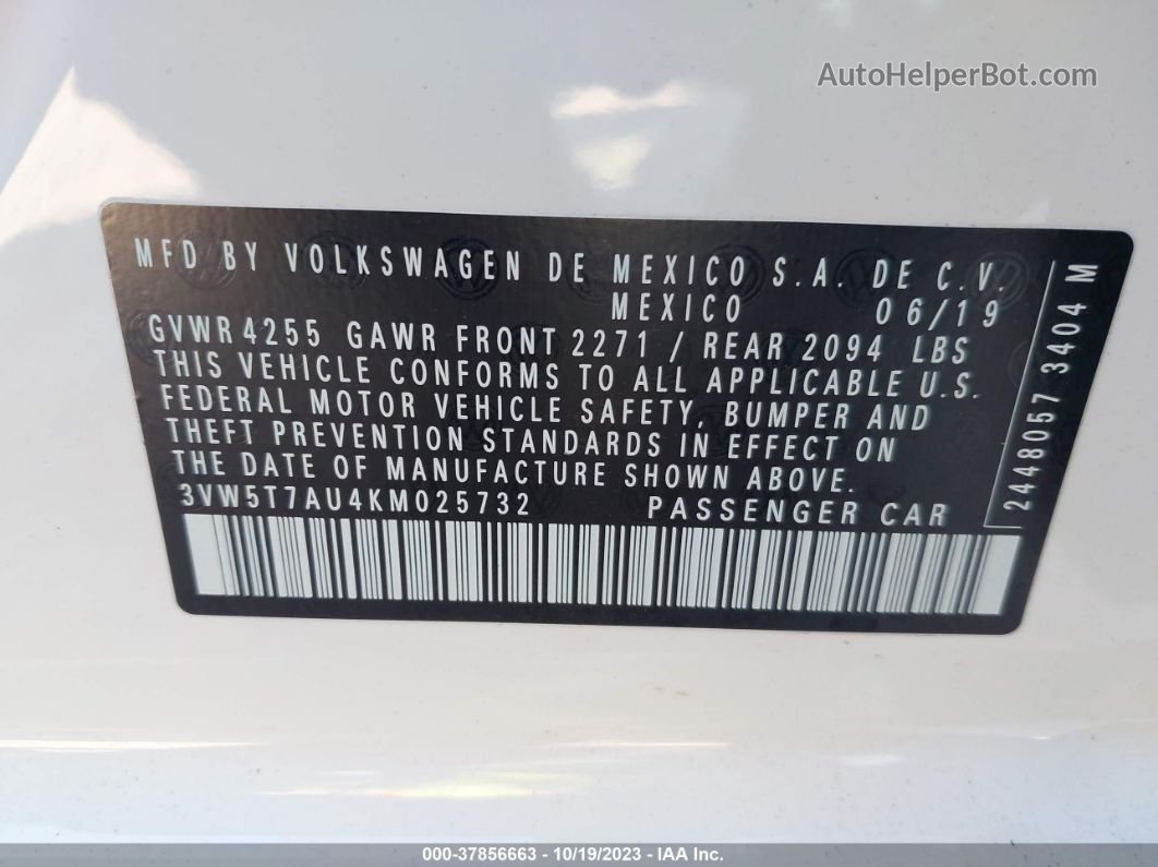 2019 Volkswagen Golf Gti S/se/autobahn White vin: 3VW5T7AU4KM025732