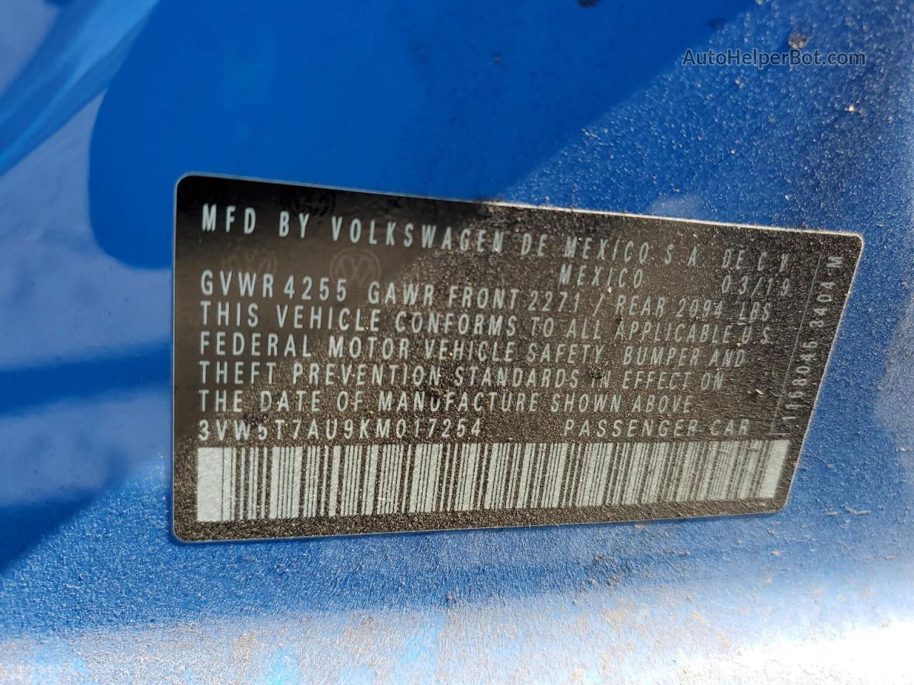 2019 Volkswagen Gti S Blue vin: 3VW5T7AU9KM017254