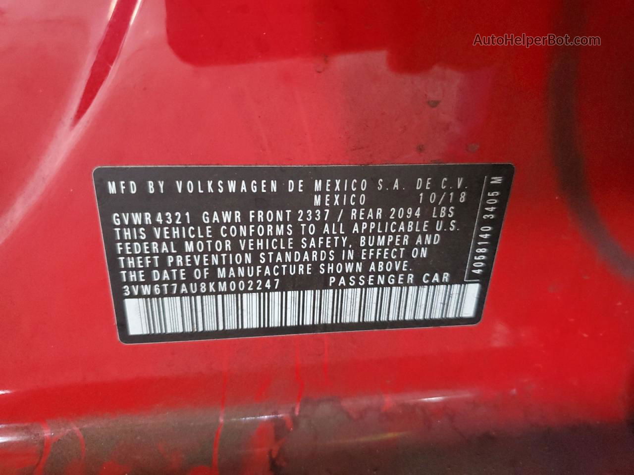 2019 Volkswagen Gti S Red vin: 3VW6T7AU8KM002247