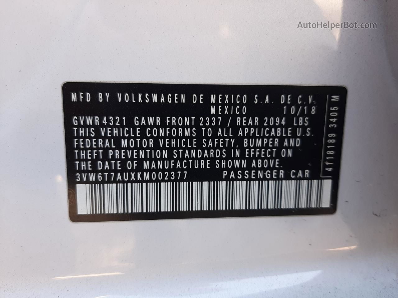 2019 Volkswagen Gti S Белый vin: 3VW6T7AUXKM002377