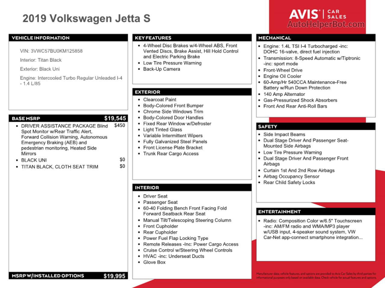 2019 Volkswagen Jetta S Black vin: 3VWC57BU0KM125858