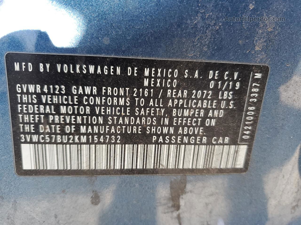 2019 Volkswagen Jetta S Синий vin: 3VWC57BU2KM154732