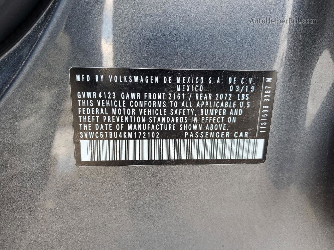 2019 Volkswagen Jetta S Gray vin: 3VWC57BU4KM172102