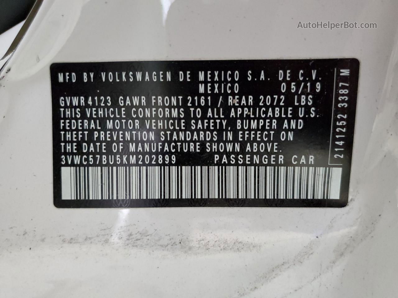 2019 Volkswagen Jetta S White vin: 3VWC57BU5KM202899