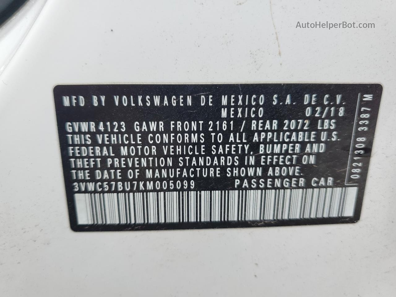 2019 Volkswagen Jetta S Белый vin: 3VWC57BU7KM005099