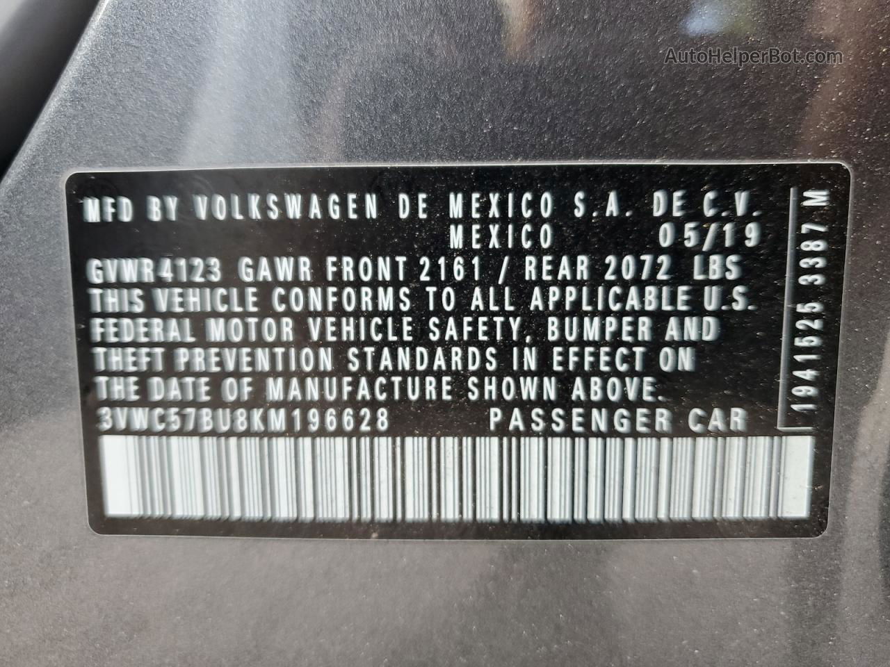 2019 Volkswagen Jetta S Gray vin: 3VWC57BU8KM196628