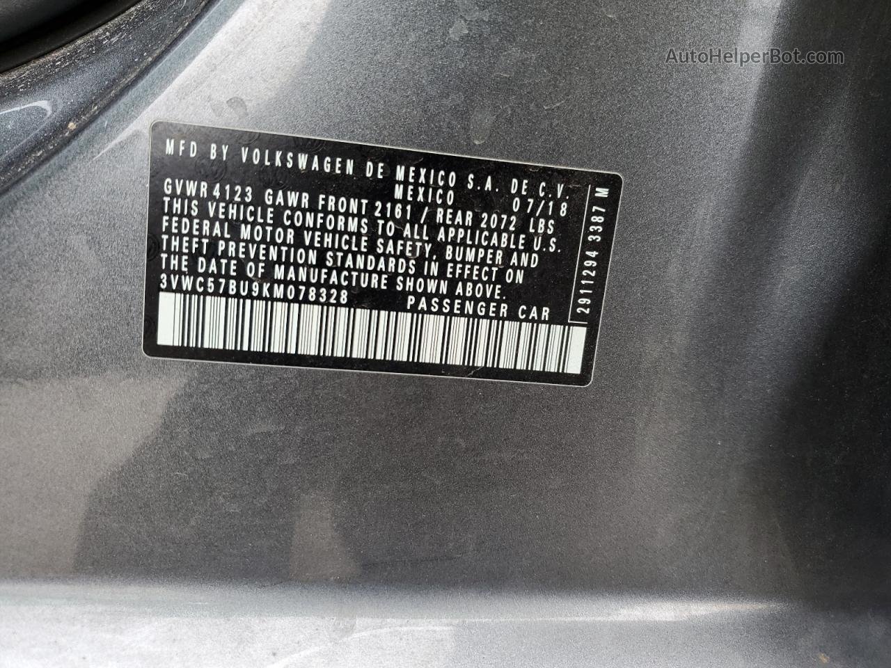 2019 Volkswagen Jetta S Серый vin: 3VWC57BU9KM078328