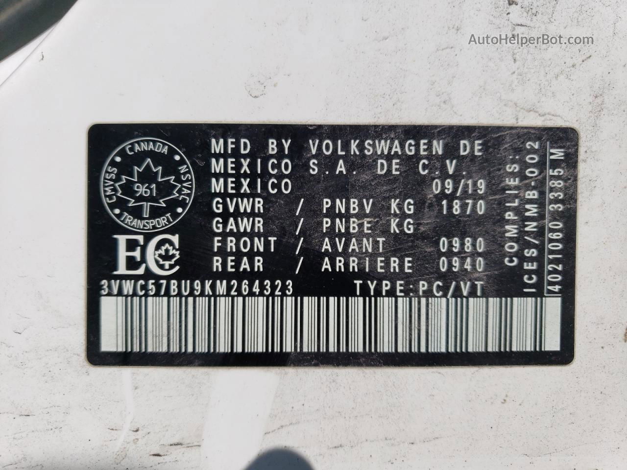2019 Volkswagen Jetta S Белый vin: 3VWC57BU9KM264323