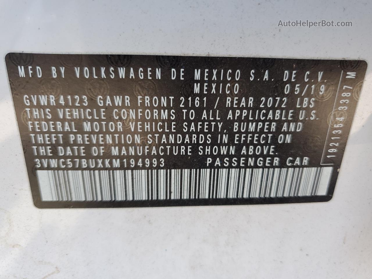 2019 Volkswagen Jetta S White vin: 3VWC57BUXKM194993
