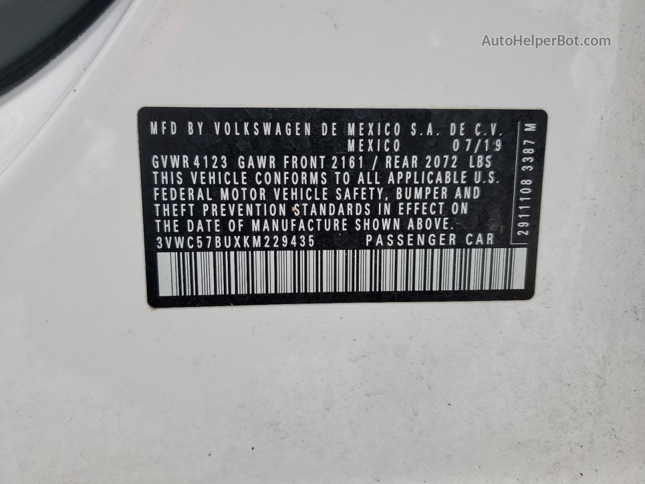 2019 Volkswagen Jetta S White vin: 3VWC57BUXKM229435