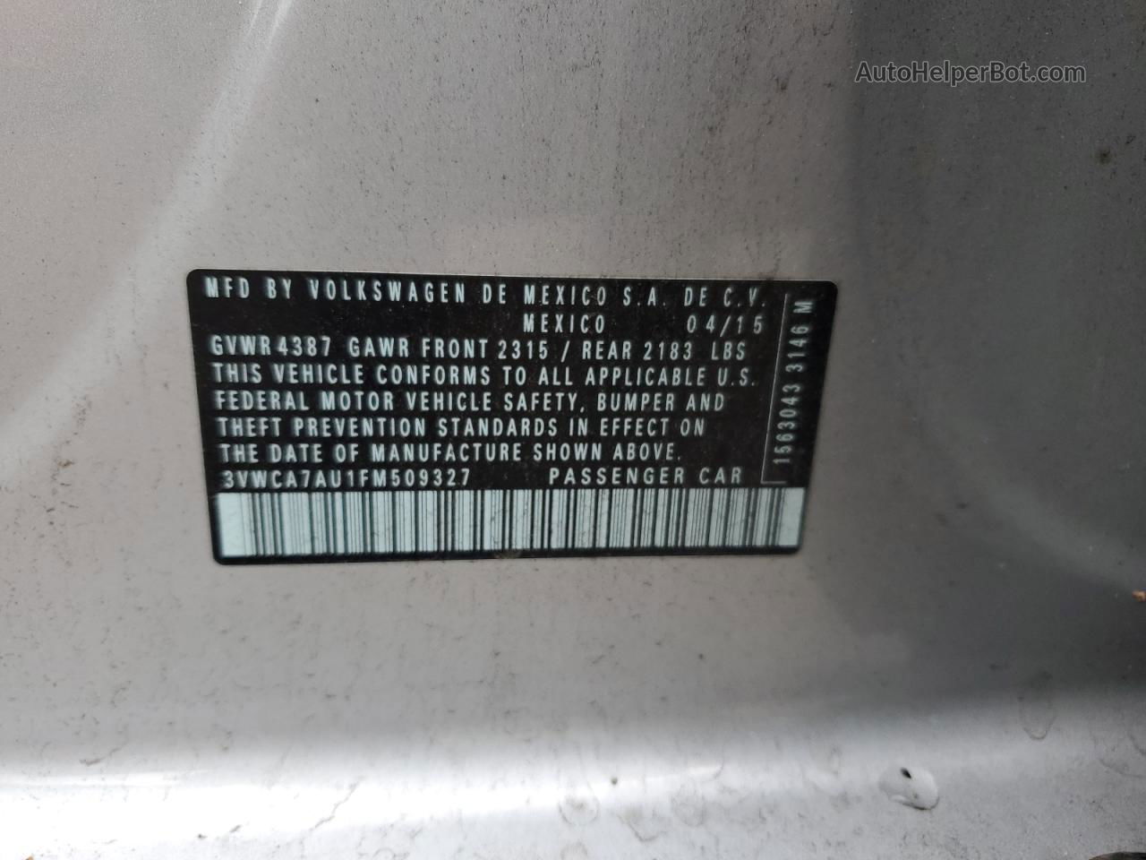 2015 Volkswagen Golf Sportwagen Tdi S Silver vin: 3VWCA7AU1FM509327