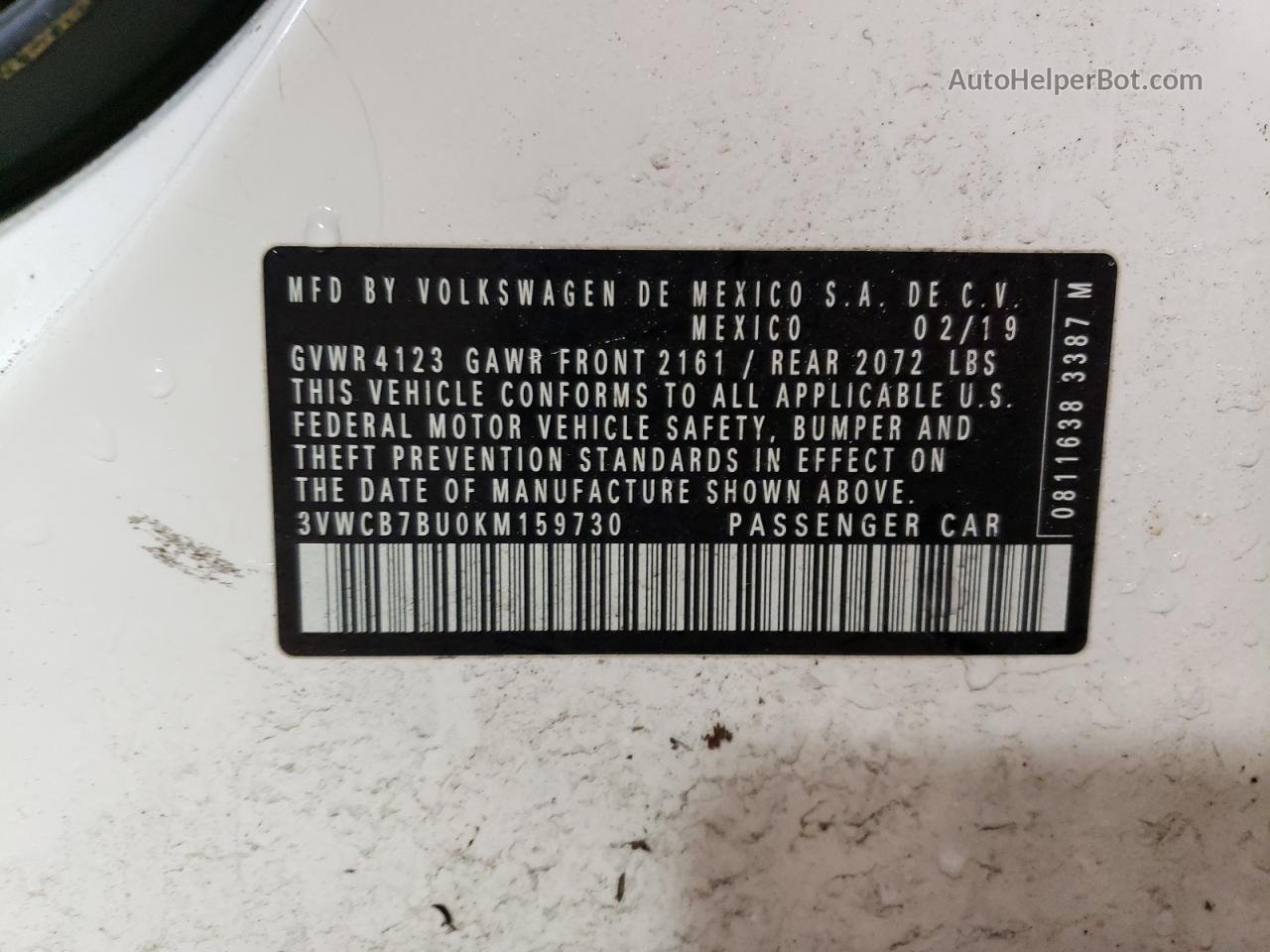 2019 Volkswagen Jetta S Белый vin: 3VWCB7BU0KM159730
