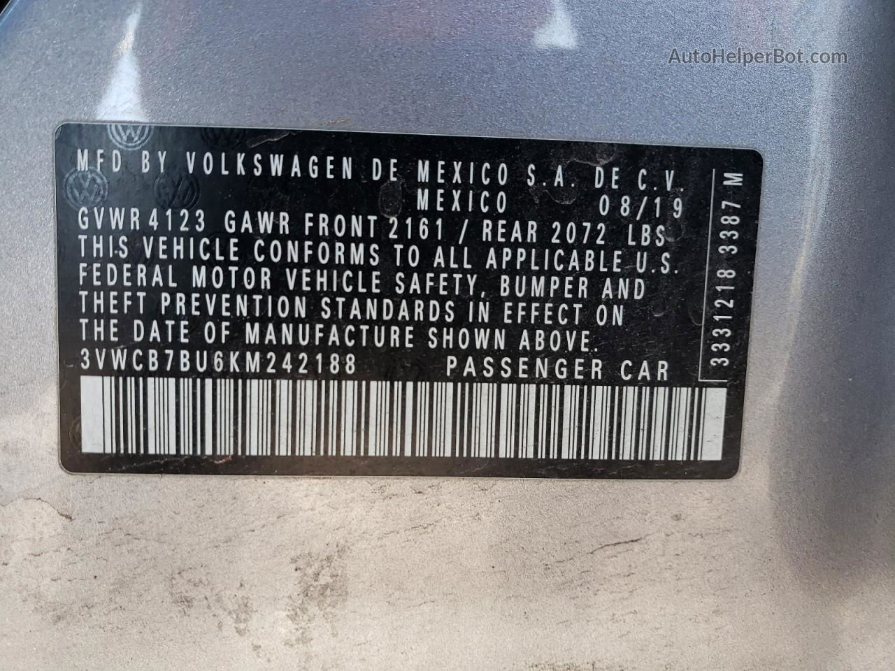 2019 Volkswagen Jetta S Silver vin: 3VWCB7BU6KM242188