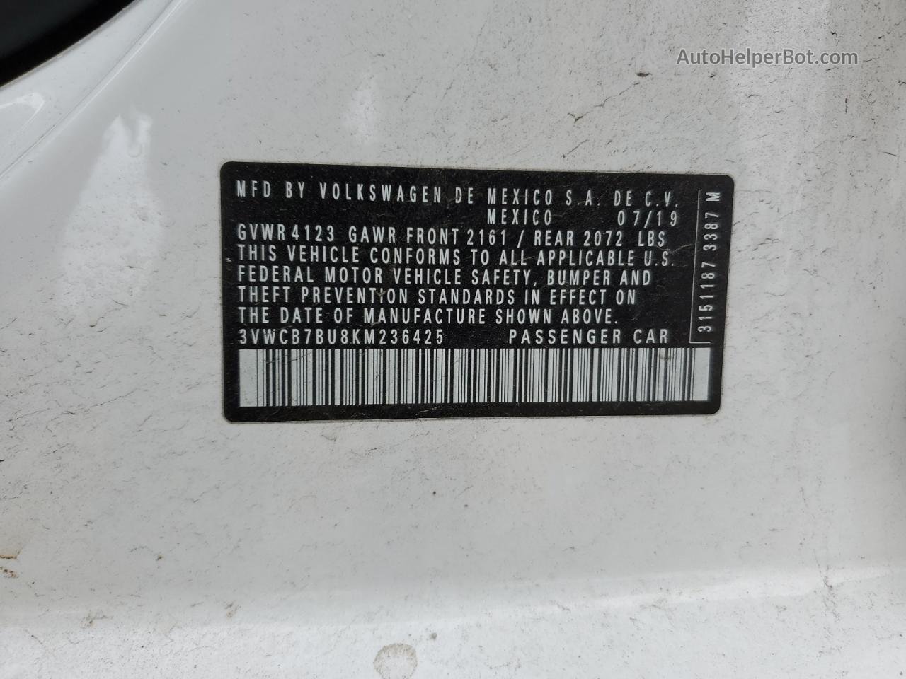 2019 Volkswagen Jetta S Белый vin: 3VWCB7BU8KM236425