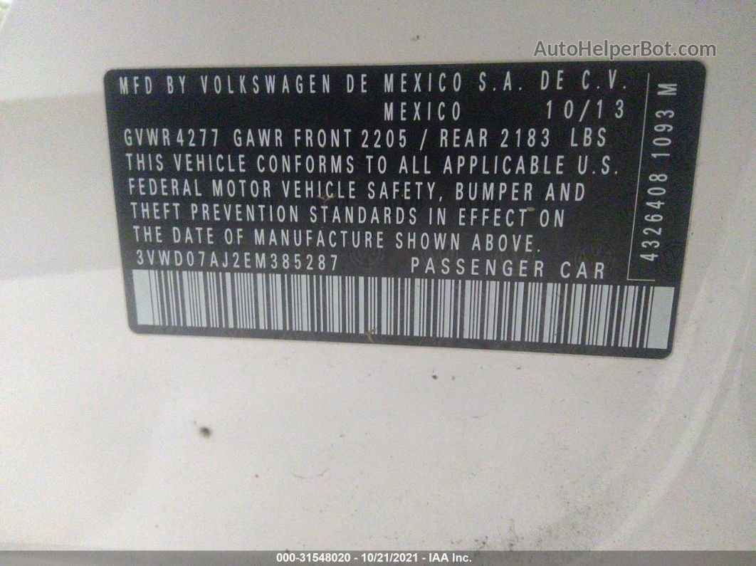 2014 Volkswagen Jetta Sedan Se W/connectivity/sunroof White vin: 3VWD07AJ2EM385287