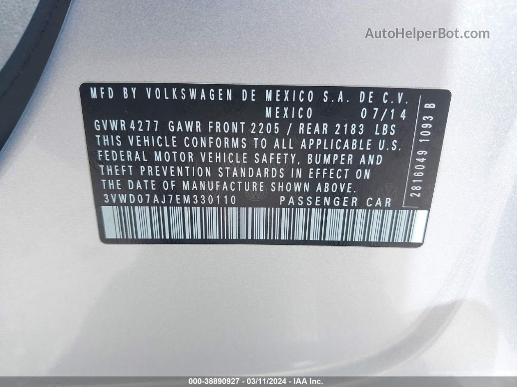 2014 Volkswagen Jetta 1.8t Se Серебряный vin: 3VWD07AJ7EM330110