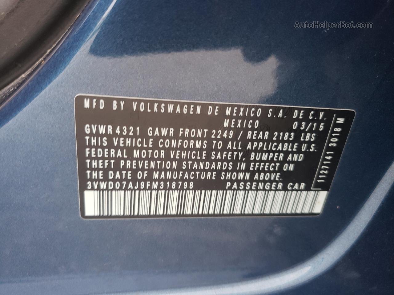 2015 Volkswagen Jetta Se Blue vin: 3VWD07AJ9FM318798