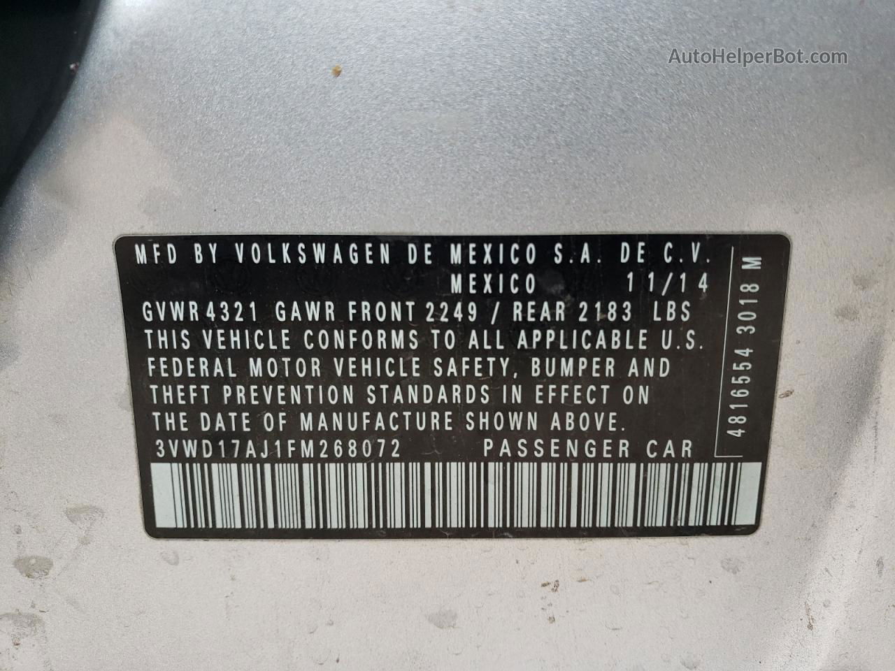 2015 Volkswagen Jetta Se Silver vin: 3VWD17AJ1FM268072