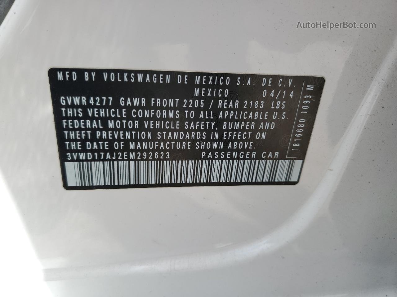 2014 Volkswagen Jetta Se White vin: 3VWD17AJ2EM292623
