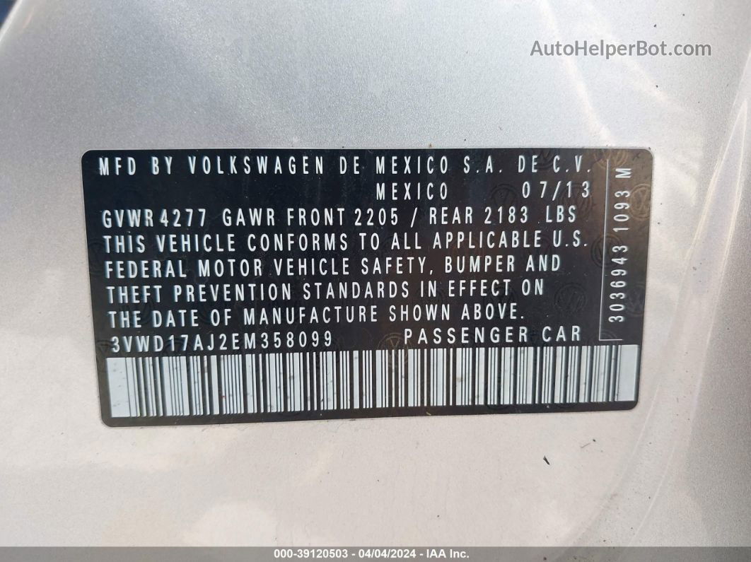 2014 Volkswagen Jetta 1.8t Se Серебряный vin: 3VWD17AJ2EM358099