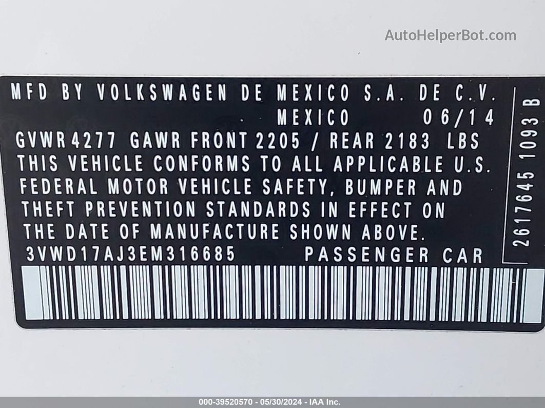 2014 Volkswagen Jetta 1.8t Se White vin: 3VWD17AJ3EM316685