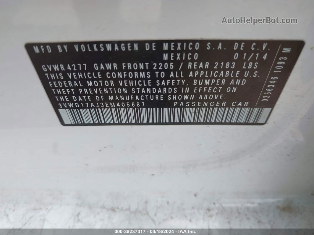 2014 Volkswagen Jetta 1.8t Se White vin: 3VWD17AJ3EM405687