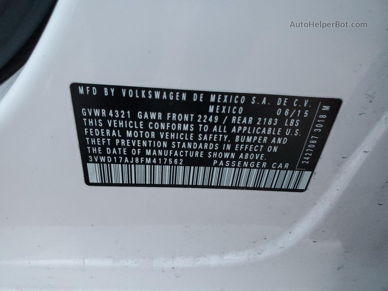 2015 Volkswagen Jetta Se Белый vin: 3VWD17AJ8FM417562