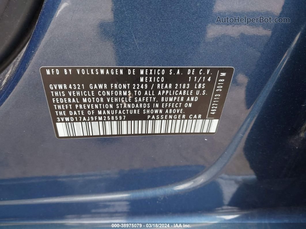 2015 Volkswagen Jetta 1.8t Se Blue vin: 3VWD17AJ9FM258597