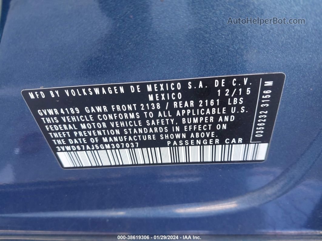 2016 Volkswagen Jetta 1.4t Se Синий vin: 3VWD67AJ5GM307037