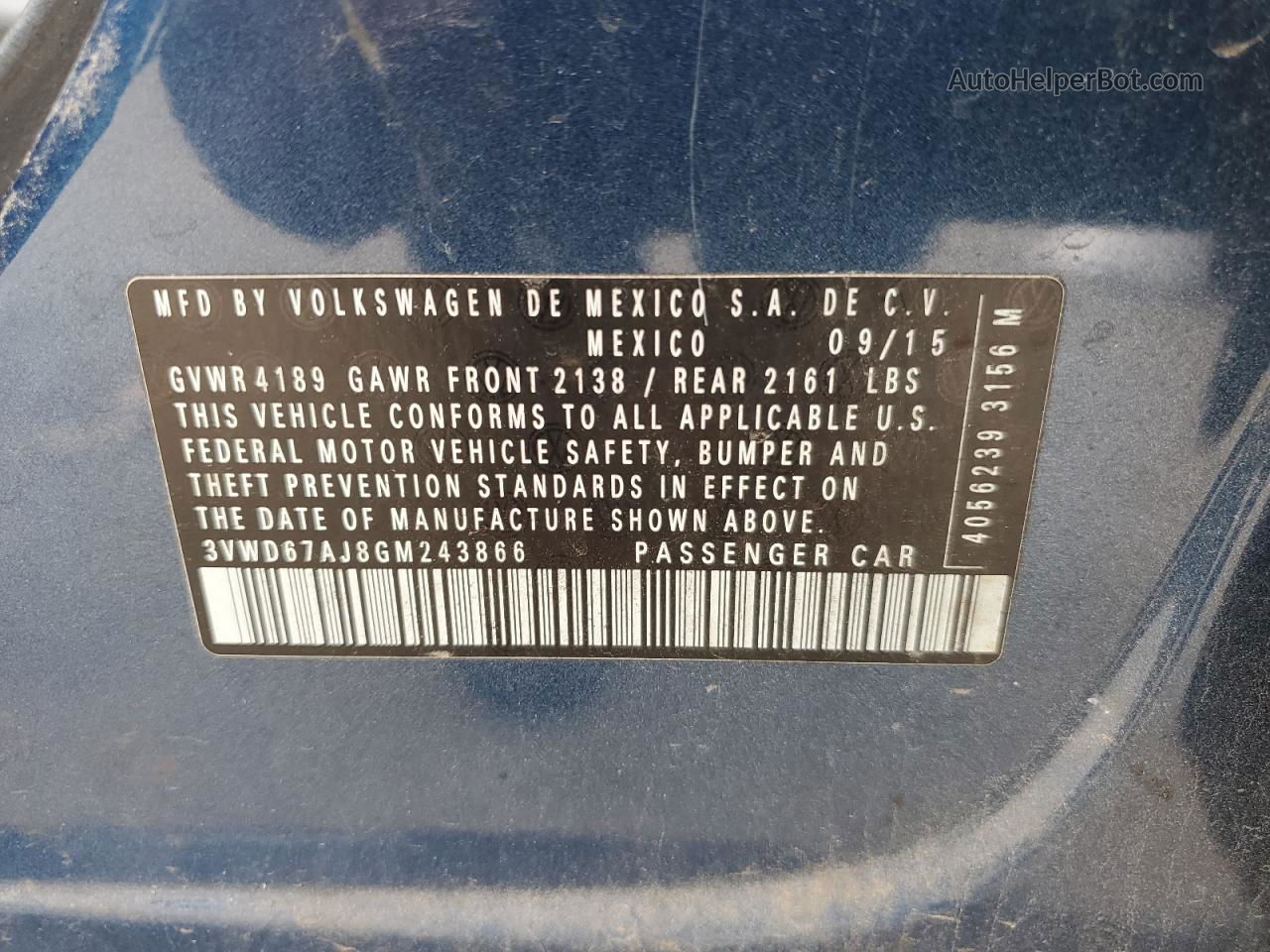 2016 Volkswagen Jetta Se Blue vin: 3VWD67AJ8GM243866