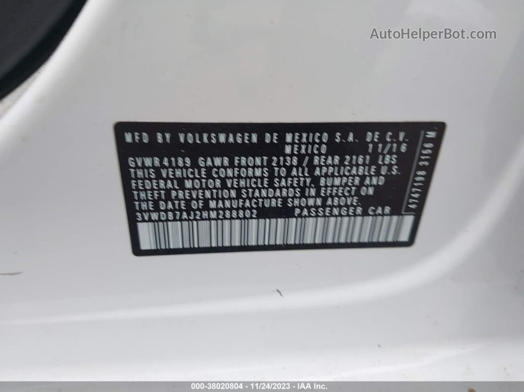2017 Volkswagen Jetta 1.4t Se Белый vin: 3VWDB7AJ2HM288802
