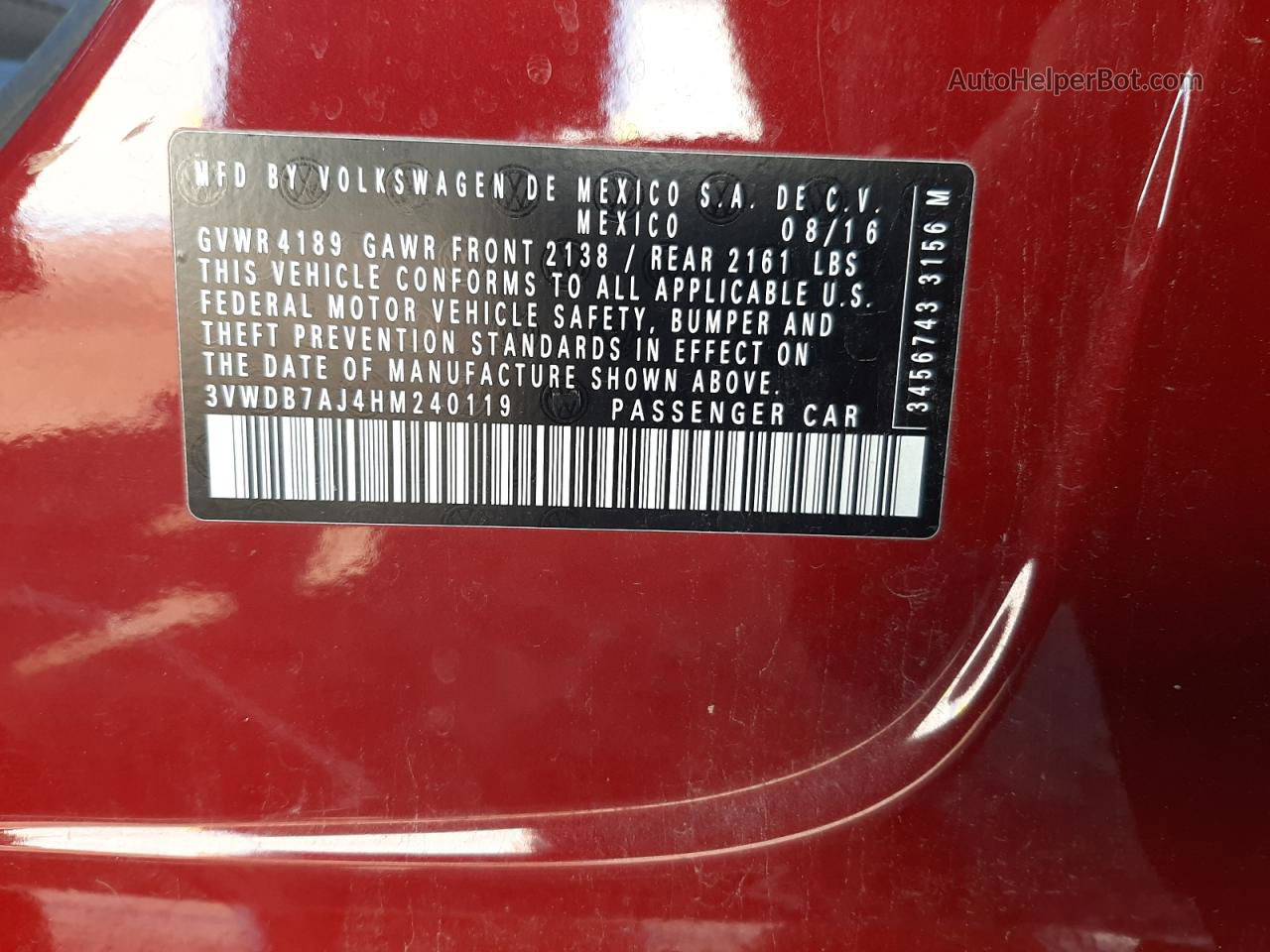 2017 Volkswagen Jetta Se Red vin: 3VWDB7AJ4HM240119