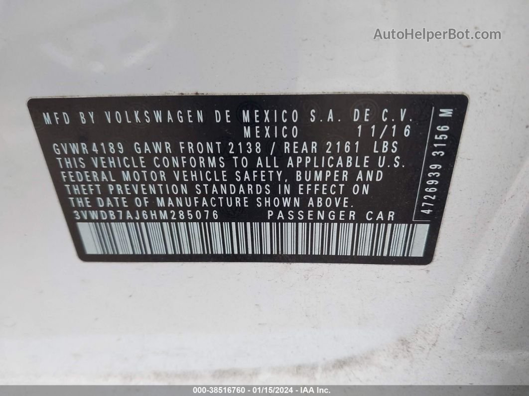 2017 Volkswagen Jetta 1.4t Se White vin: 3VWDB7AJ6HM285076