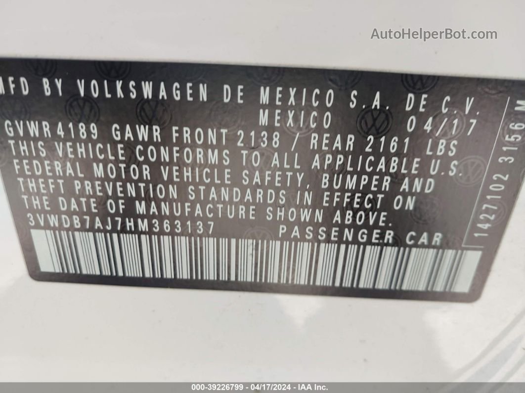 2017 Volkswagen Jetta 1.4t Se Белый vin: 3VWDB7AJ7HM363137