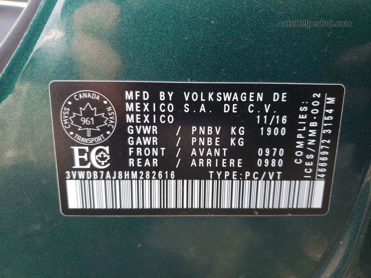 2017 Volkswagen Jetta Se Green vin: 3VWDB7AJ8HM282616