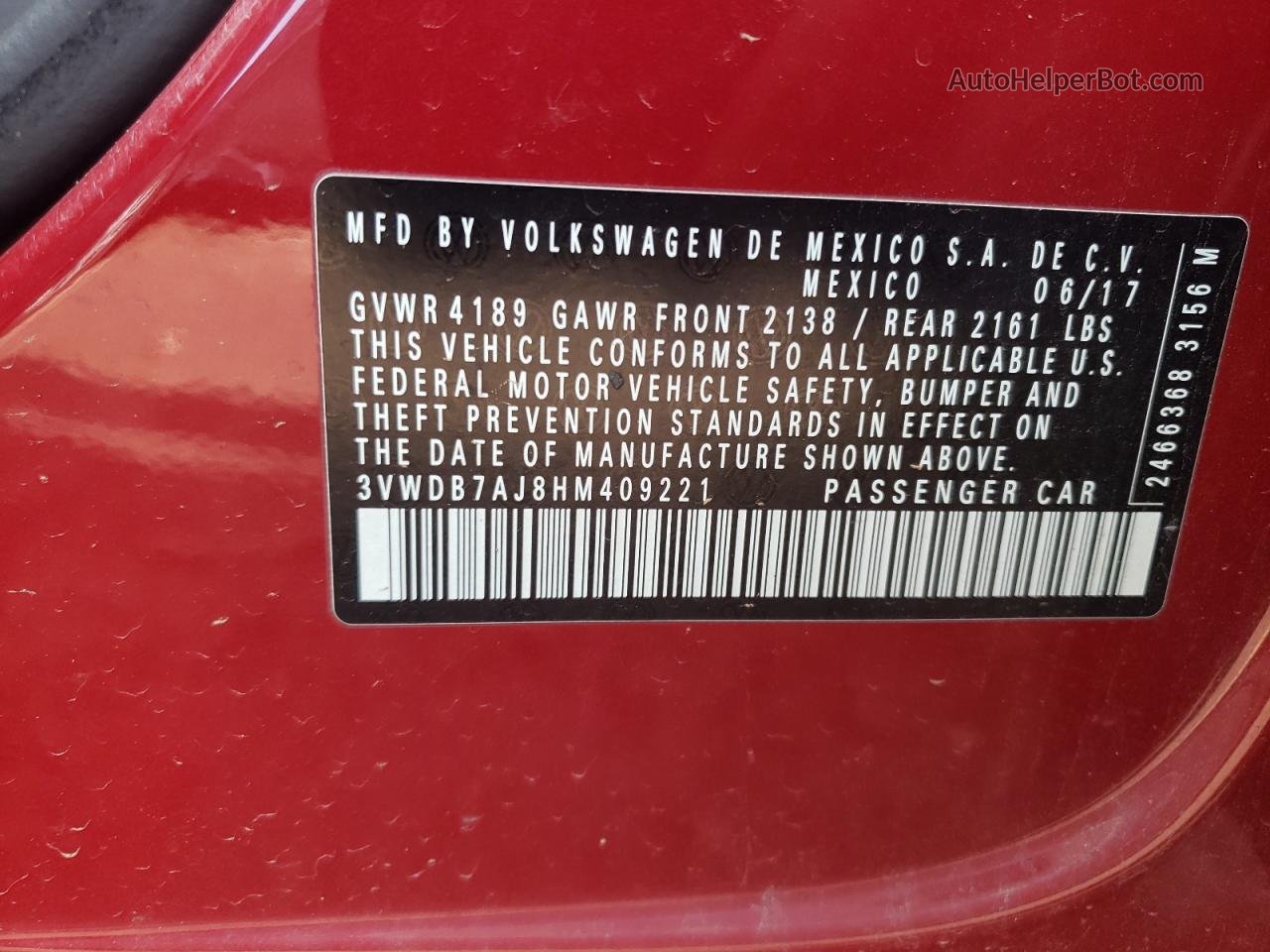 2017 Volkswagen Jetta Se Red vin: 3VWDB7AJ8HM409221