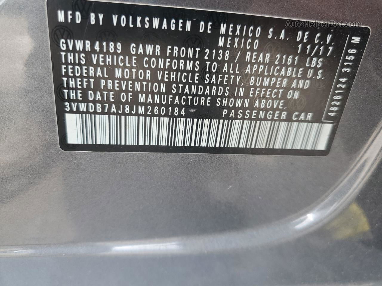 2018 Volkswagen Jetta Se Серый vin: 3VWDB7AJ8JM260184
