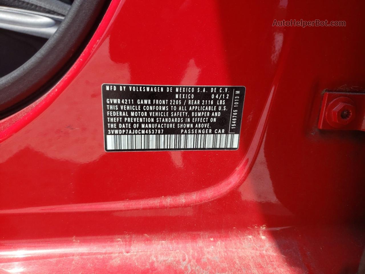 2012 Volkswagen Jetta Se Red vin: 3VWDP7AJ0CM453787