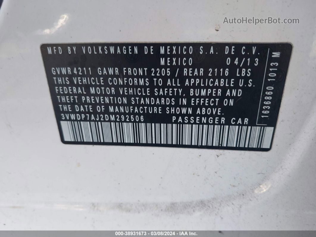 2013 Volkswagen Jetta 2.5l Se White vin: 3VWDP7AJ2DM292506