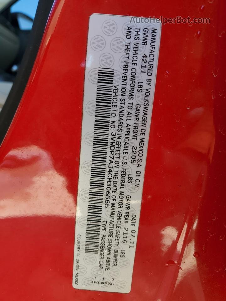 2012 Volkswagen Jetta Se Red vin: 3VWDP7AJ4CM306565