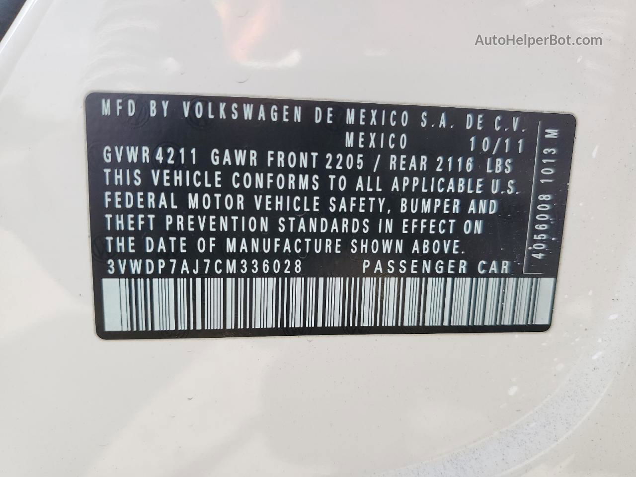 2012 Volkswagen Jetta Se Белый vin: 3VWDP7AJ7CM336028