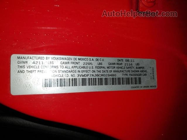 2012 Volkswagen Jetta Se Red vin: 3VWDP7AJ8CM028480