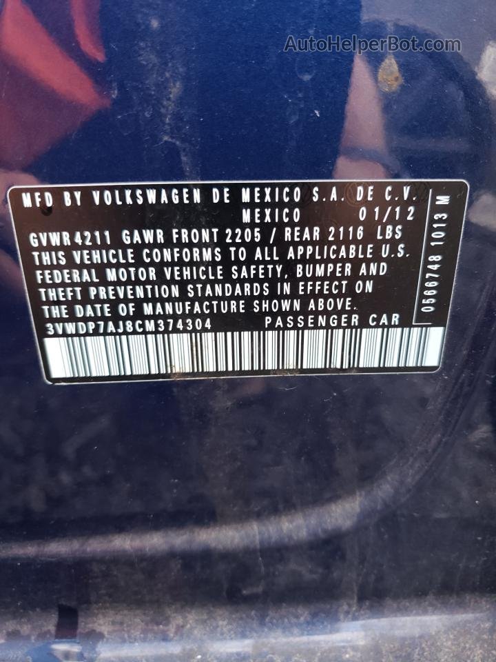 2012 Volkswagen Jetta Se Синий vin: 3VWDP7AJ8CM374304