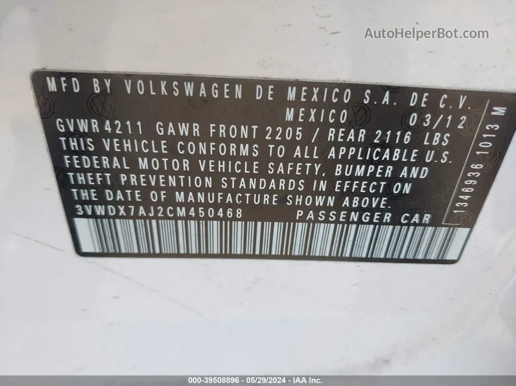 2012 Volkswagen Jetta 2.5l Se Белый vin: 3VWDX7AJ2CM450468