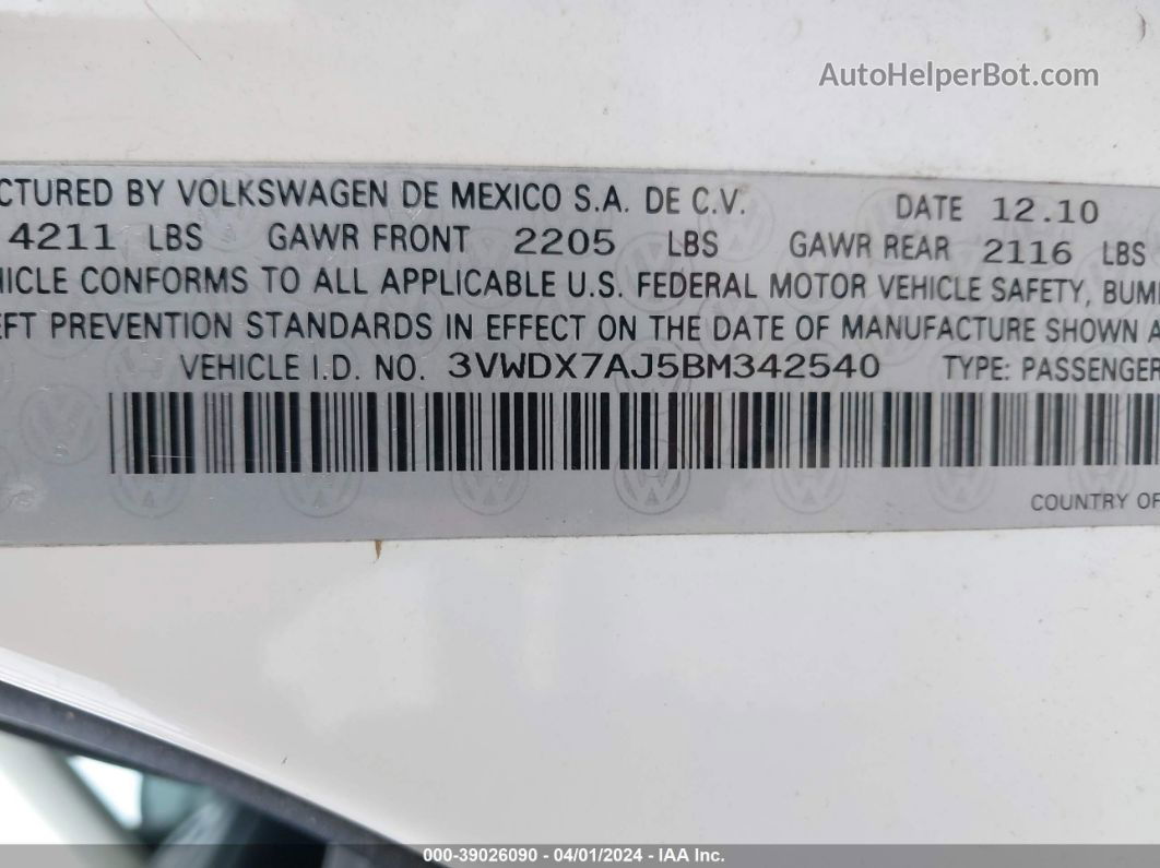 2011 Volkswagen Jetta 2.5l Se White vin: 3VWDX7AJ5BM342540