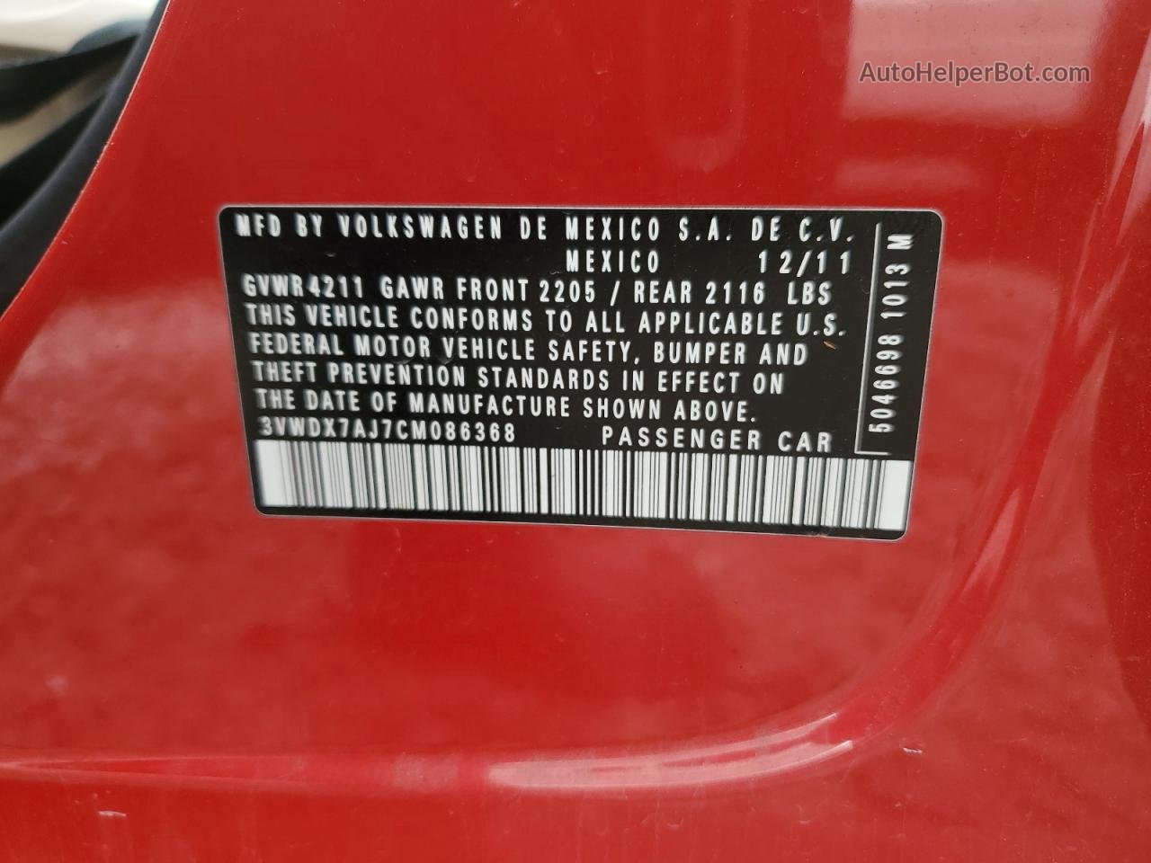 2012 Volkswagen Jetta Se Red vin: 3VWDX7AJ7CM086368