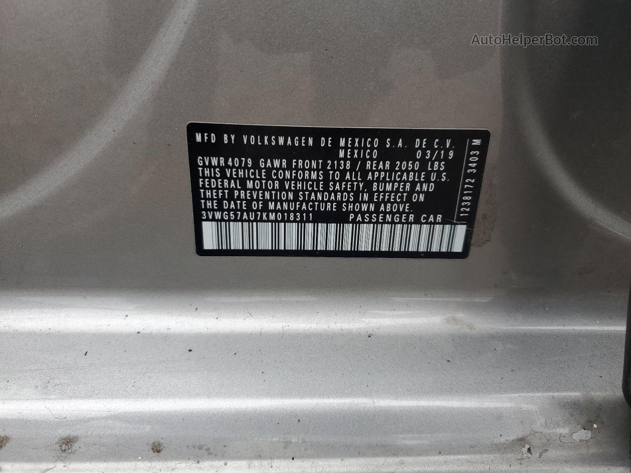 2019 Volkswagen Golf S Silver vin: 3VWG57AU7KM018311