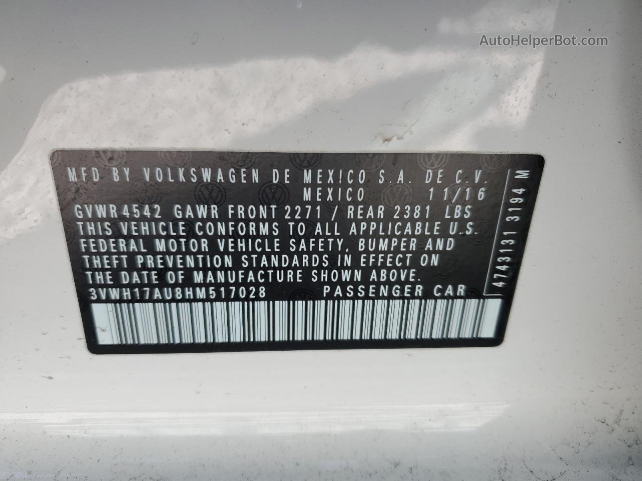 2017 Volkswagen Golf Alltrack S Белый vin: 3VWH17AU8HM517028