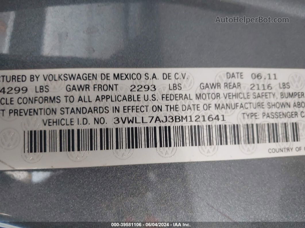 2011 Volkswagen Jetta 2.0l Tdi Gray vin: 3VWLL7AJ3BM121641