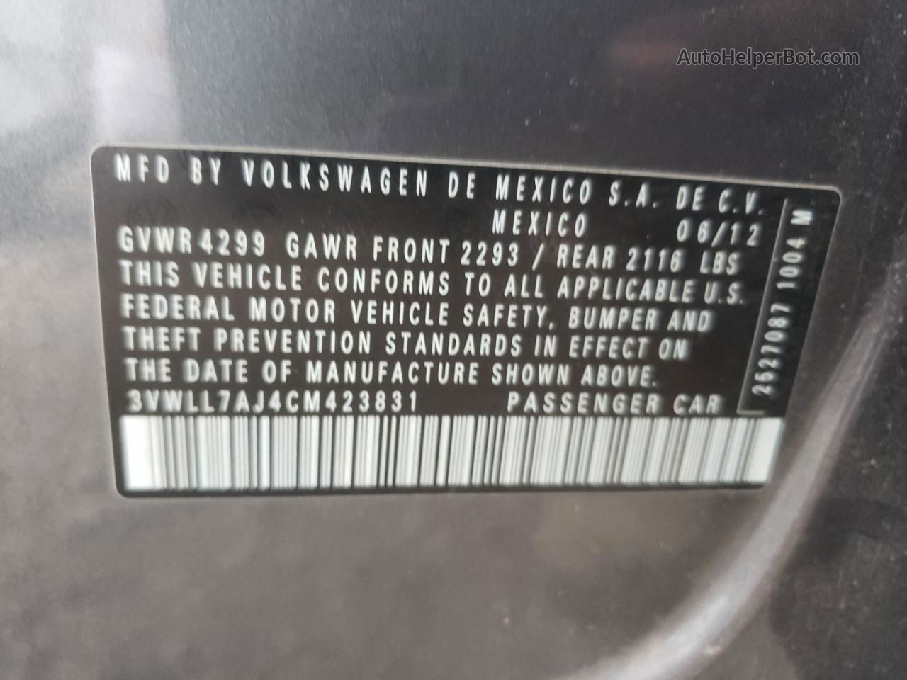 2012 Volkswagen Jetta Tdi Серый vin: 3VWLL7AJ4CM423831